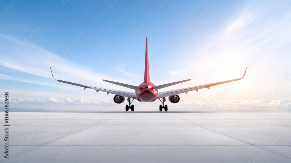 Obraz premium A vibrant red airplane on a runway, facing towards the horizon under a bright sky, ready for takeoff.