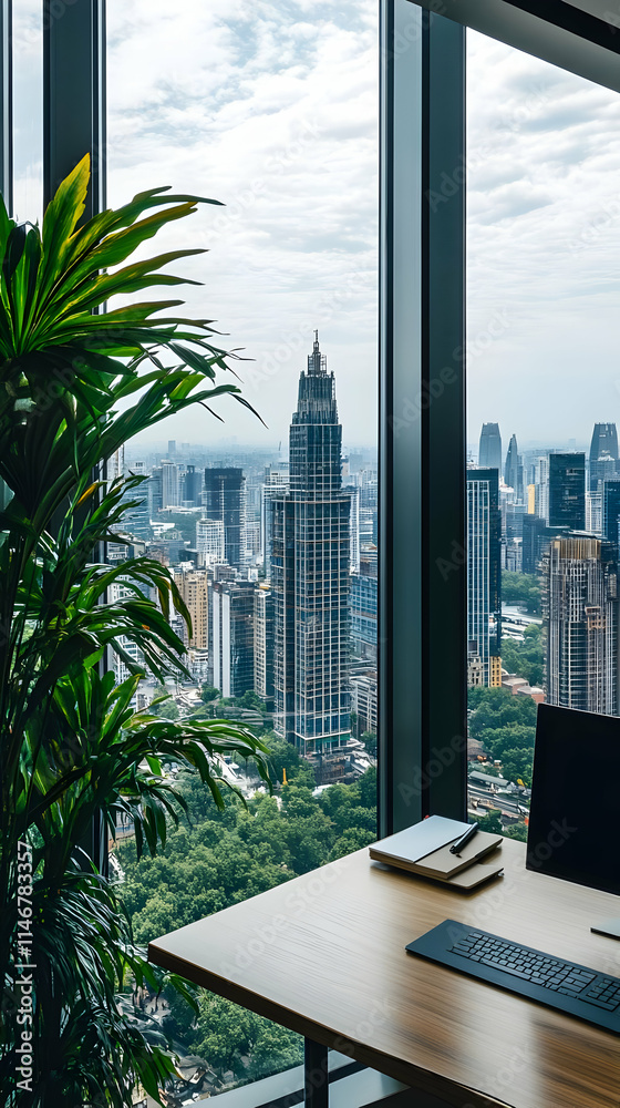 Fototapeta premium A modern office space with a city view and greenery, emphasizing productivity and comfort.
