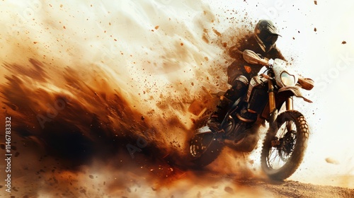 Motorcycle dirt bike rider in action, creating a dynamic cloud of dust and dirt as he speeds through the desert terrain.