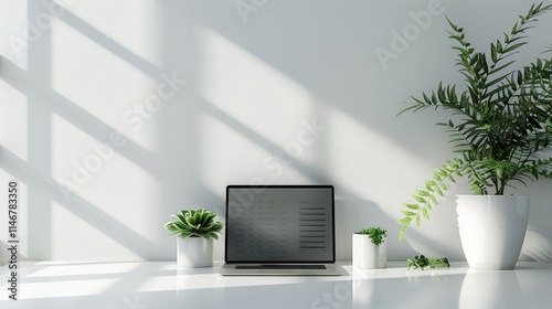 Minimalist Workspace with Laptop and Plants: A sunlit, minimalist workspace featuring a laptop, potted plants, and a clean white desk. The image evokes a sense of calm and productivity.