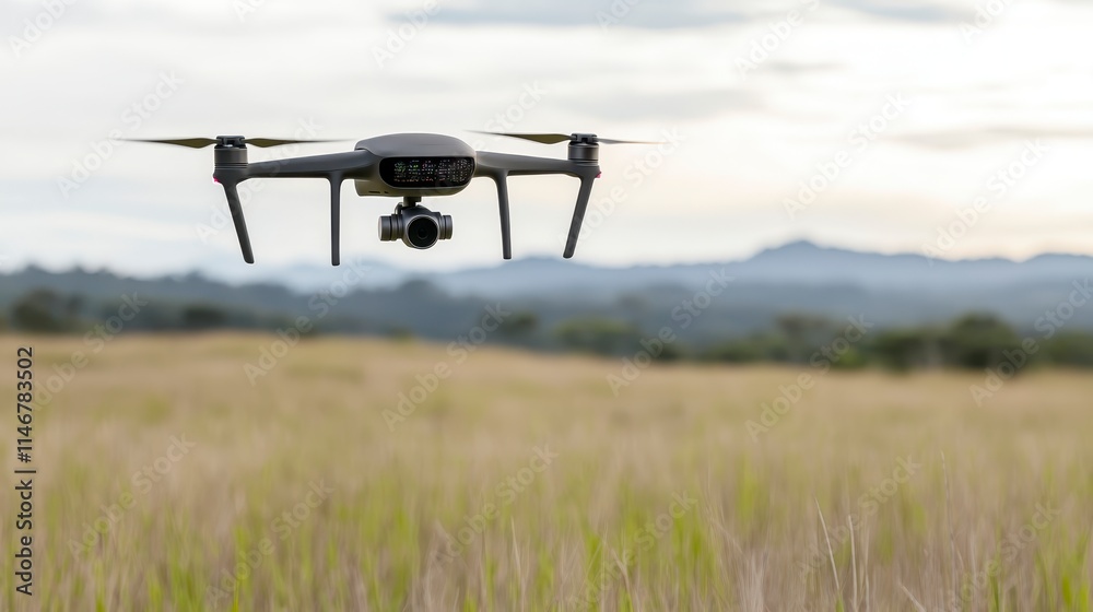 A drone hovers above a grassy field, capturing aerial views against a backdrop of distant mountains and a cloudy sky. A drone hovers above a grassy field, capturing aerial views against a backdrop of distant mountains and a cloudy sky.