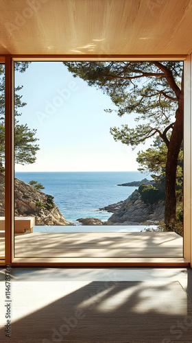 A serene view of the ocean framed by trees and a modern architectural structure.