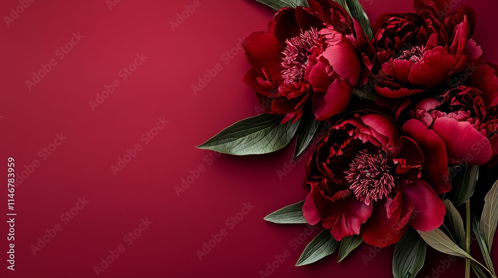 Deep burgundy peonies on a rich velvet red backdrop, close-up shot, Minimalist style Deep burgundy peonies on a rich velvet red backdrop, close-up shot, Minimalist style