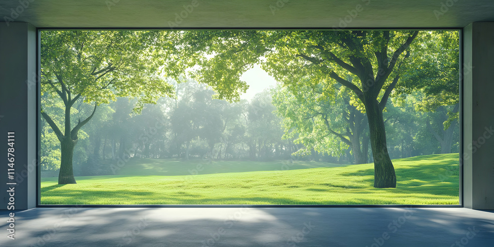 A serene view of a green landscape through a large window, showcasing nature's beauty.