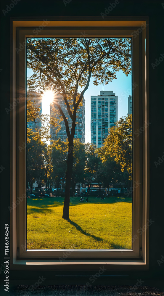 A serene view of a park framed by a window, showcasing nature and urban architecture. A serene view of a park framed by a window, showcasing nature and urban architecture.