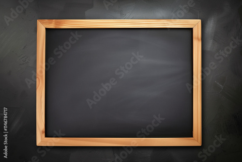 Black chalkboard with a natural wooden frame on a textured dark background. Suitable for educational content, advertising templates, or creative design projects with space for custom text or artwork.
