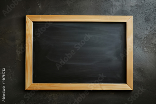 Blackboard with a matte black surface, set against a textured dark background. Ideal for educational purposes, advertising templates, or creative design projects with space for custom text text.