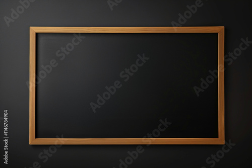 Minimalistic wooden-framed blackboard with a black surface, isolated on a dark background. Perfect for educational, advertising, or creative design purposes with space for custom text or graphics.