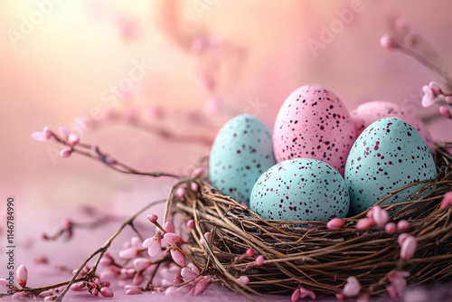 Easter composition with colored pastel Easter eggs in nest from willow branches on a pastel lilac background.