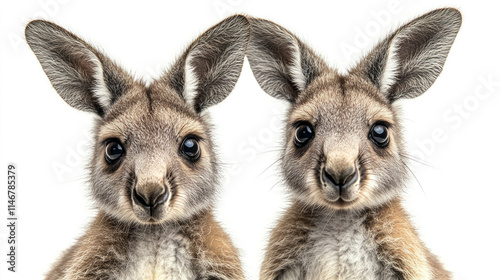 Two adorable joey kangaroos facing forward on white background.