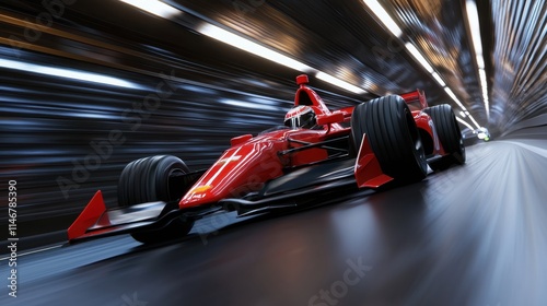 A red race car is speeding down a track