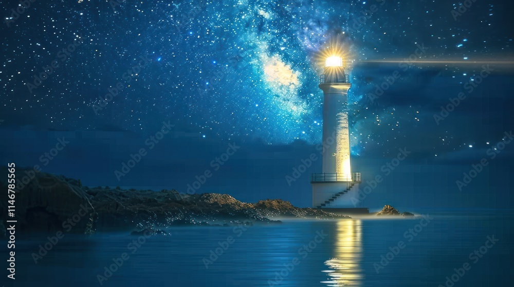 Lighthouse Under a Starry Night Sky Lighthouse Under a Starry Night Sky