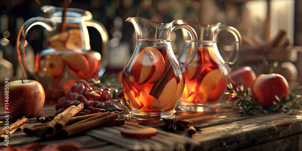 Apple Cider Beverage in Glass Pitchers with Fruit and Spices Apple Cider Beverage in Glass Pitchers with Fruit and Spices