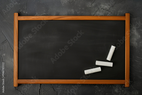 Wooden-framed board with chalk pieces on textured dark wall.