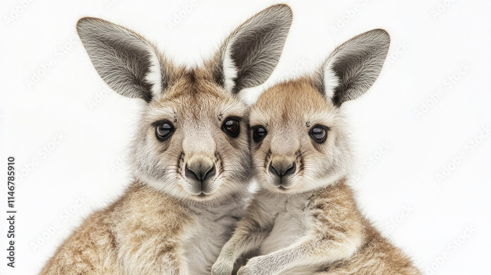Two adorable kangaroo joeys cuddling close together against a white background.
