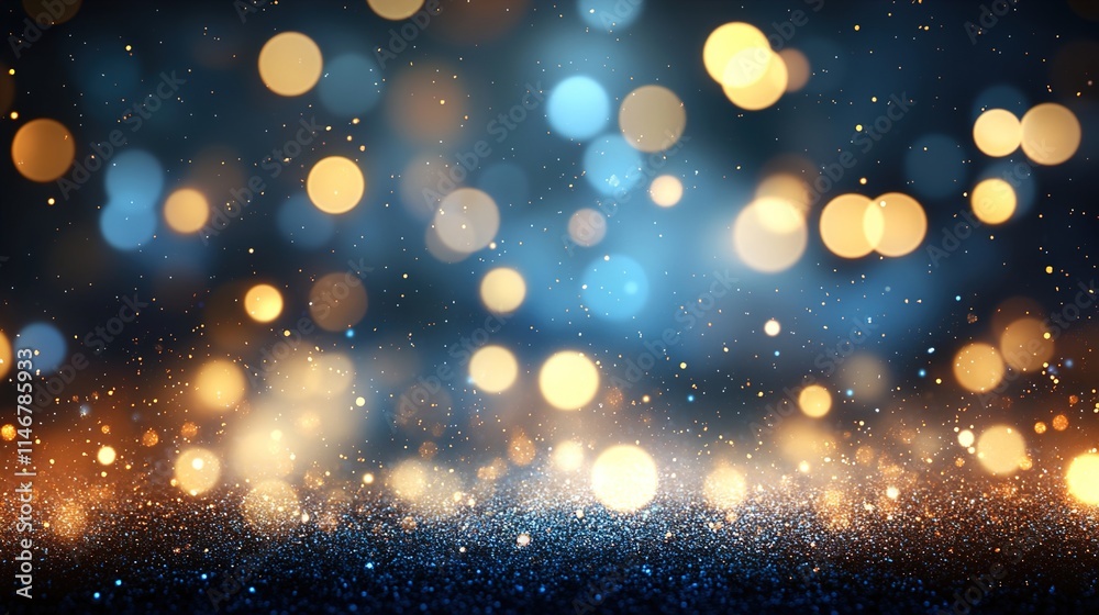 Abstract dark blue and gold particle background with Christmas golden light bokeh Abstract dark blue and gold particle background with Christmas golden light bokeh