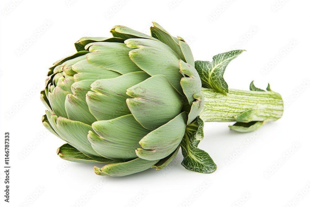 Obraz premium A large green artichoke with tightly packed leaves, isolated on a white background