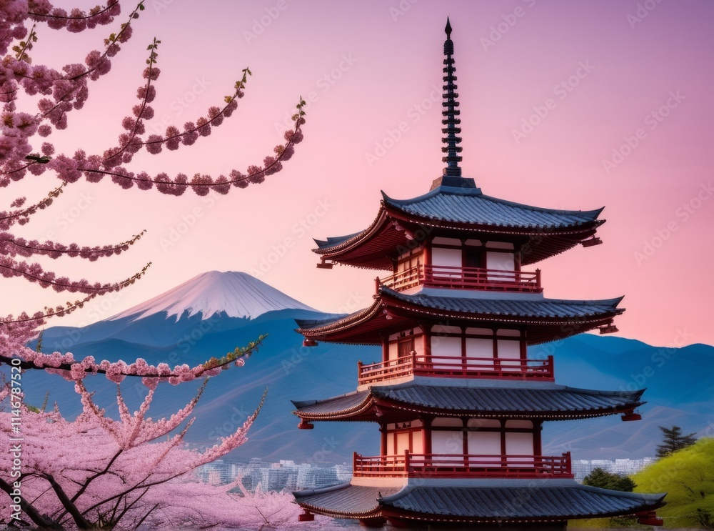 Scenic view of a traditional Japanese pagoda with cherry blossoms and Mt. Fuji at sunrise Scenic view of a traditional Japanese pagoda with cherry blossoms and Mt. Fuji at sunrise
