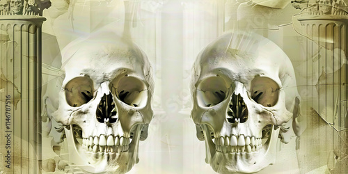 Two Human Skulls with Fragmented Classical Columns