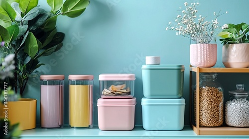 A collection of colorful plastic containers and storage jars arranged on a shelf, accompanied by two small plants in pots. photo