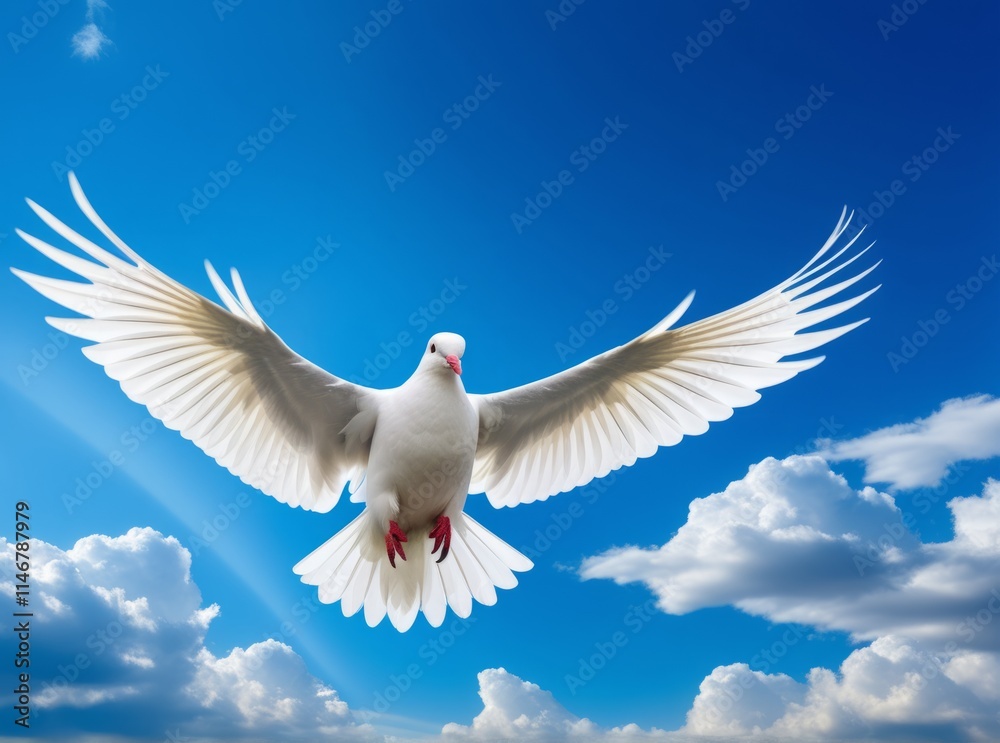 White dove flying gracefully against a vibrant blue sky with fluffy clouds during a bright sunny day White dove flying gracefully against a vibrant blue sky with fluffy clouds during a bright sunny day