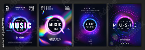 Party music background. Poster light particles. Electronic tune. Night club show flyer. Electro audio. Sparkle effect design banner. Neon billboard glitter. Rainbow spectrum. Vector DJ disco cards set
