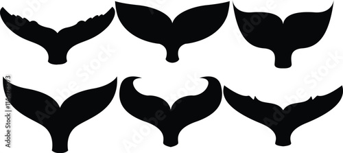 Minimalist black whale tail silhouette graphic,Whale tail icon,Black cetacean animal fin silhouette isolated on white background,Dolphin, orca, beluga or another marine mammal symbol