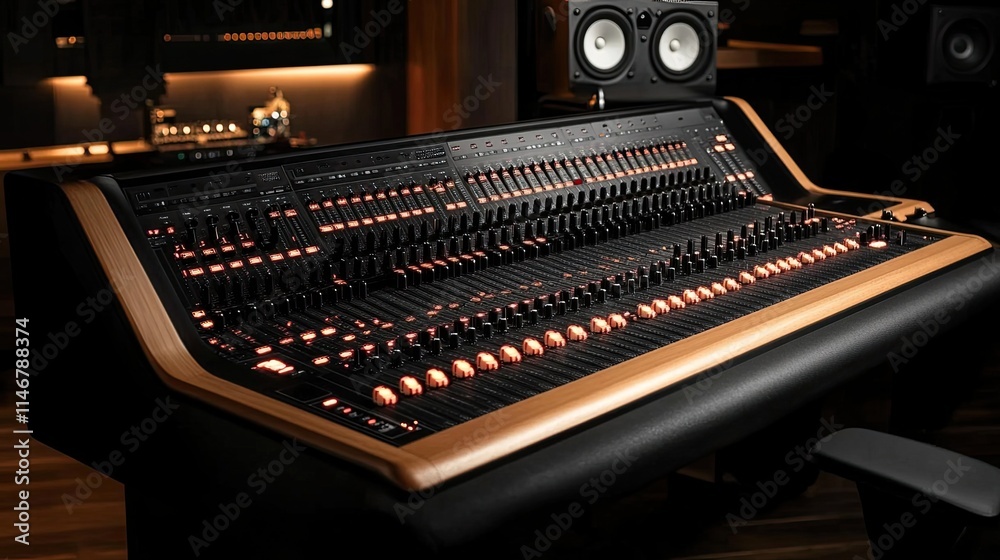 A mixing console in a recording studio with knobs and faders A mixing console in a recording studio with knobs and faders