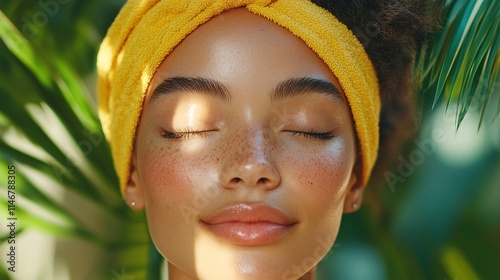 woman with closed eyes and yellow towel on her head standing next to palm leaves. photo