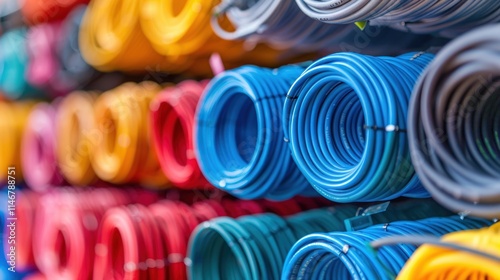 Colorful Rolls of Cables and Wires in a Hardware Store