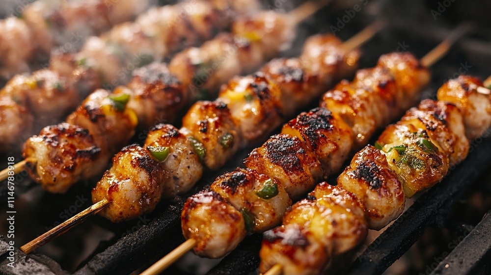 Chicken skewers cooking on the grill. Chicken skewers cooking on the grill.