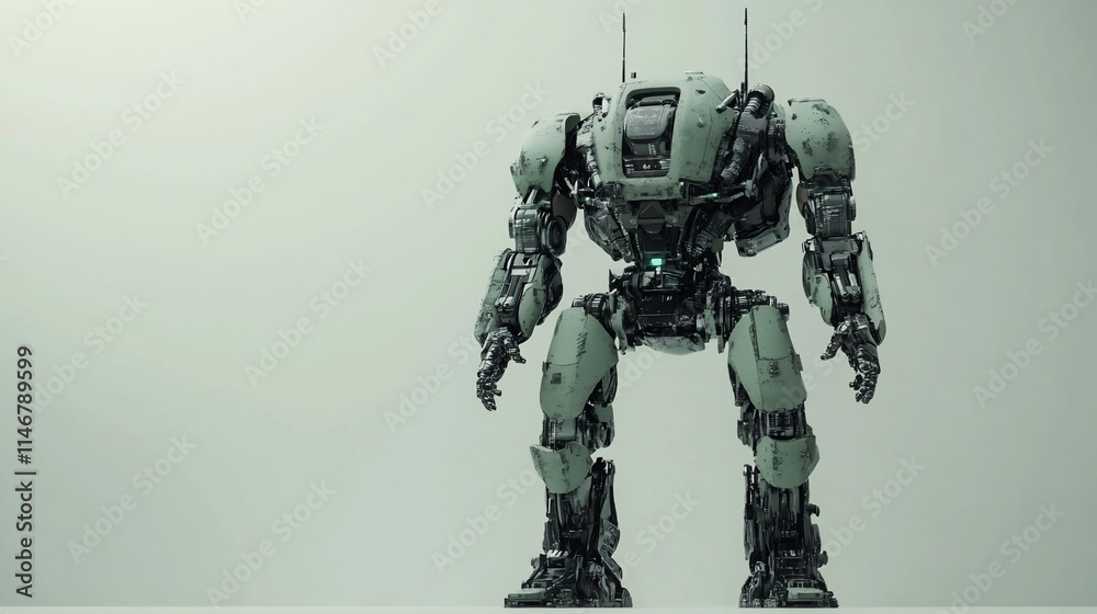 Futuristic mech robot standing on white background. Futuristic mech robot standing on white background.