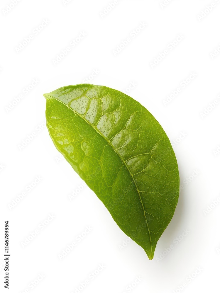 Fototapeta premium Single vibrant green lemon leaf, sharply detailed against pure white backdrop, white, lemon