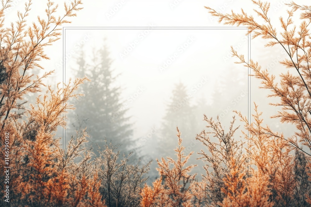 Obraz premium A foggy landscape with autumn foliage framing a serene forest scene.