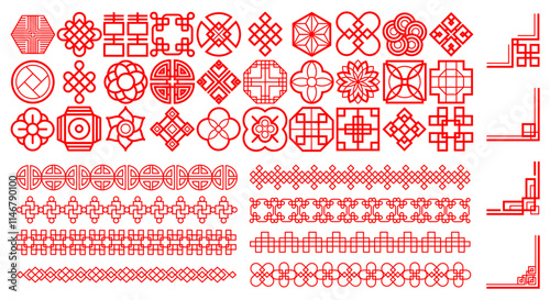 Chinese frame. Japanese icon. Asian pattern. Square oriental border. Line creative background. Geometric invitation divider. Graphic red Asia symbols. Flower and lantern. Vector ornament shapes set