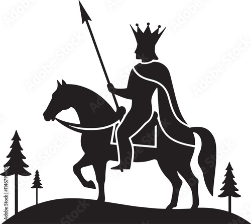 A black silhouette of a crowned figure riding a horse