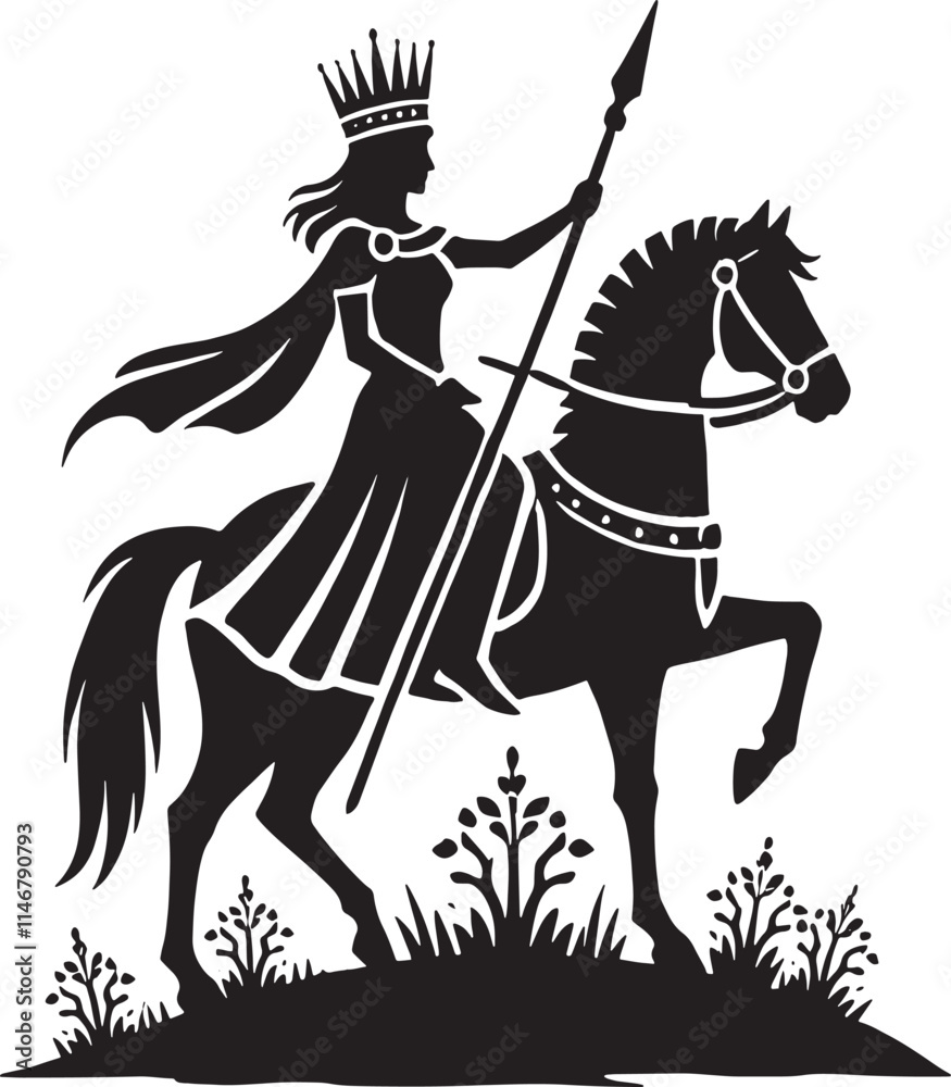 A black silhouette of a crowned figure riding a horse A black silhouette of a crowned figure riding a horse