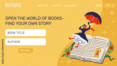 Read books online. Library s landing homepage. Fancy idea of reading. Literary festival. Literature finding bar. Live characters from novels of students. Website design template. Vector background
