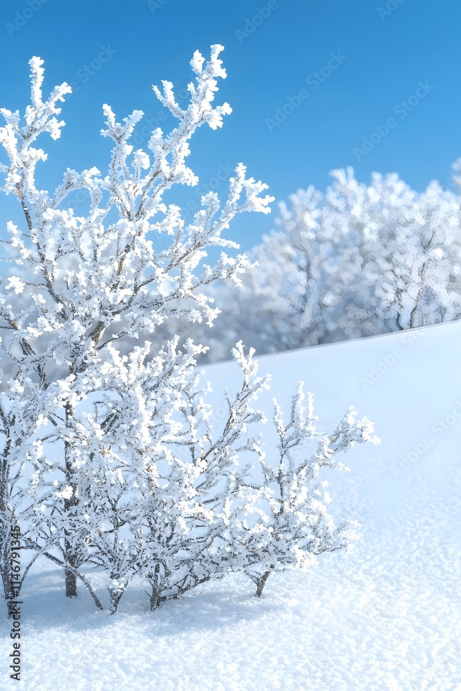 A serene winter landscape featuring frost-covered shrubs against a bright blue sky, creating a tranquil and picturesque winter scene.
