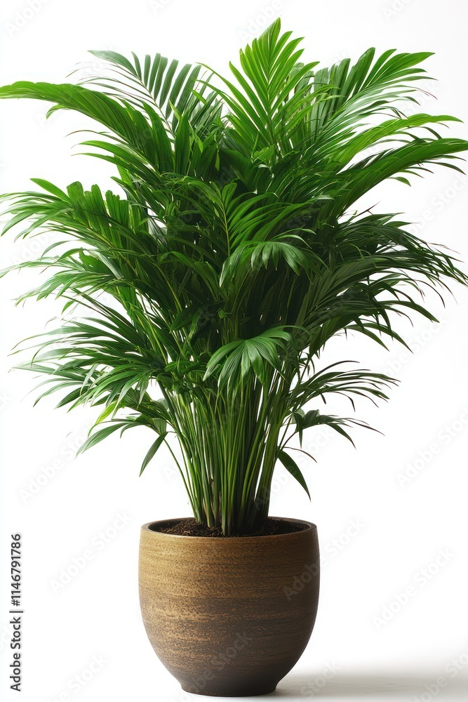 Lush green parlor palm in a brown pot against a white background. (1) Lush green parlor palm in a brown pot against a white background. (1)