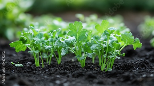 Close-up of young arugula plants growing in dark soil. photo