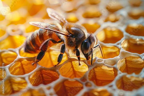 Close-up of a honeybee collecting nectar on a honeycomb in a warm, sunlit hive during mid-afternoon. Generative AI photo