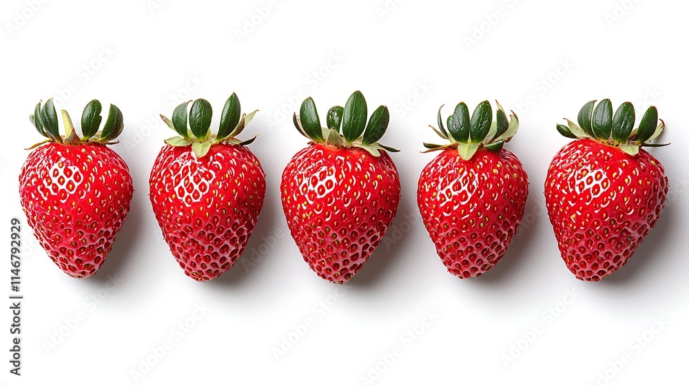 Five Ripe Strawberries Arranged in a Row on White Background Five Ripe Strawberries Arranged in a Row on White Background
