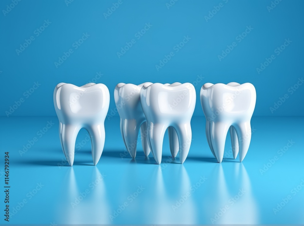 Glossy white teeth displayed on a vibrant blue background for dental education and promotion Glossy white teeth displayed on a vibrant blue background for dental education and promotion