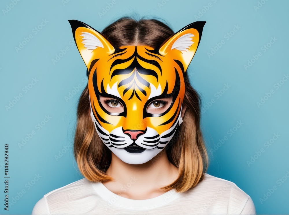 Young person wearing a vibrant tiger mask against a solid blue background during a costume event. Quadrober youth subculture Young person wearing a vibrant tiger mask against a solid blue background during a costume event. Quadrober youth subculture
