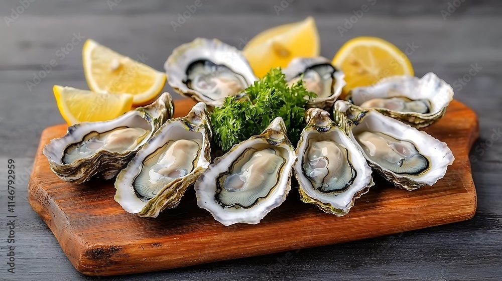 Fresh Oysters on Wooden Board with Lemon Slices Fresh Oysters on Wooden Board with Lemon Slices