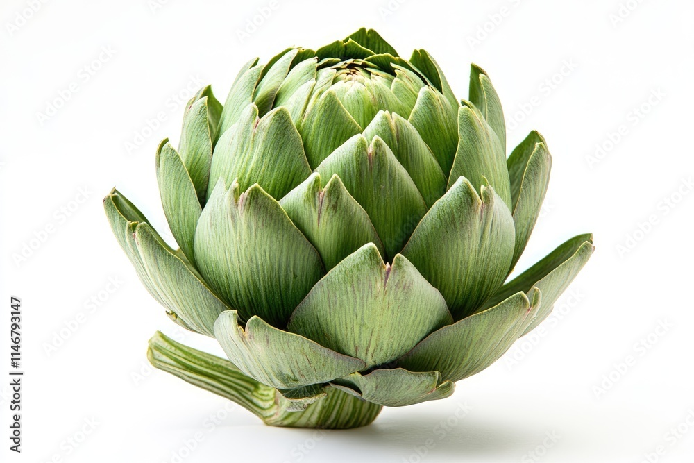 Fototapeta premium A large green artichoke with tightly packed leaves, isolated on a white background