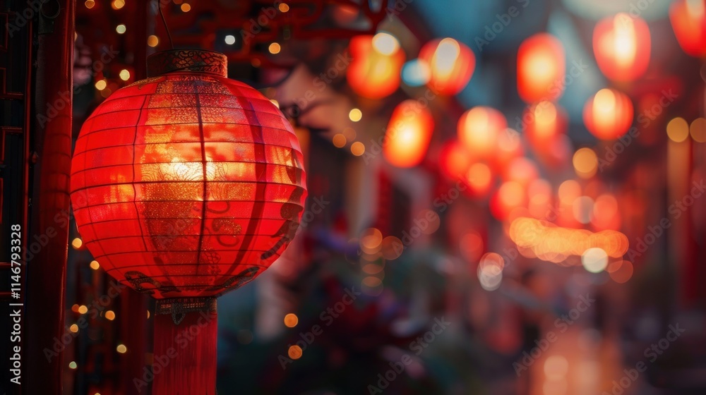 Illuminated Red Lanterns in a Festive Asian Street Illuminated Red Lanterns in a Festive Asian Street