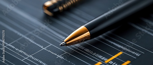 Close-up of a luxury pen on a business report showcasing financial charts.