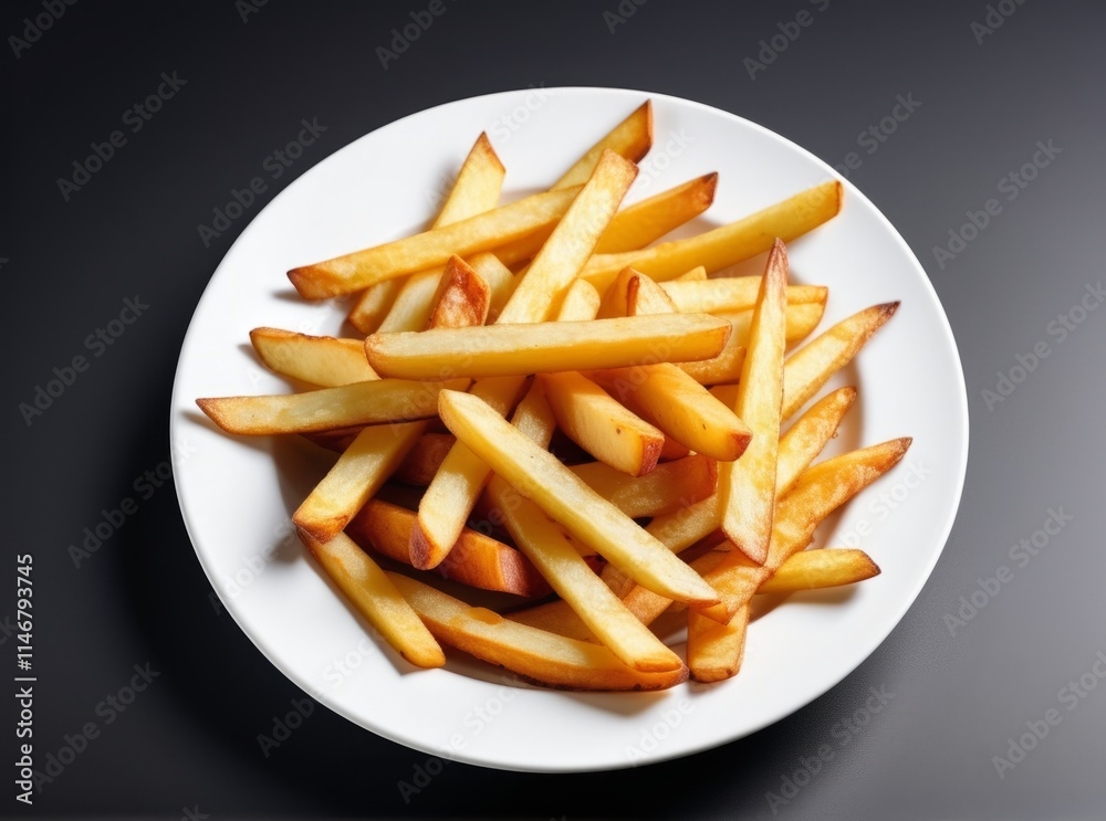Crispy golden french fries served on a white plate on a dark surface at a casual dining setting Crispy golden french fries served on a white plate on a dark surface at a casual dining setting
